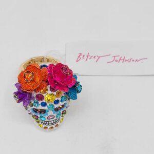 Betsey Johnson Floral Sugar Skull Stretch Ring NWT!  NEW!  Day of the Dead